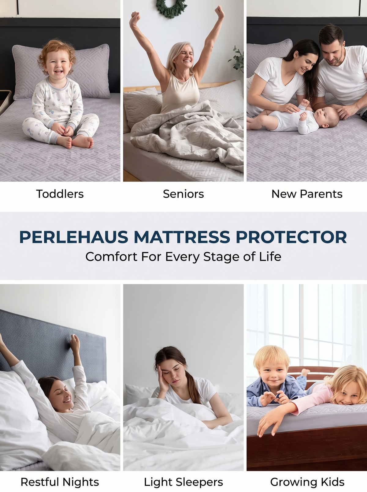 Perlehaus Waterproof Mattress Protector - Grey - lifestyle collage