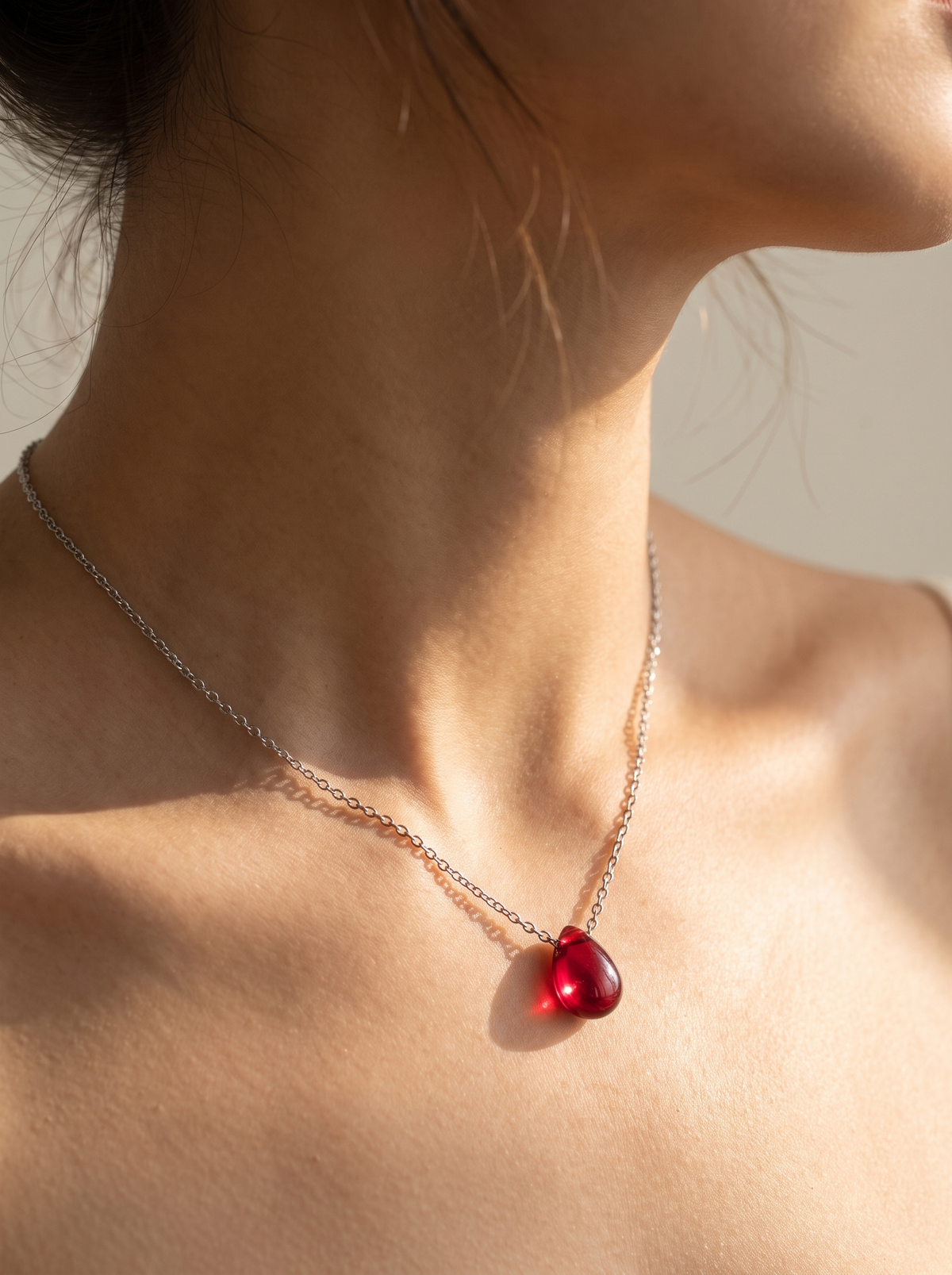 Red Teardrop Pendant Necklace - Silver - lifestyle
